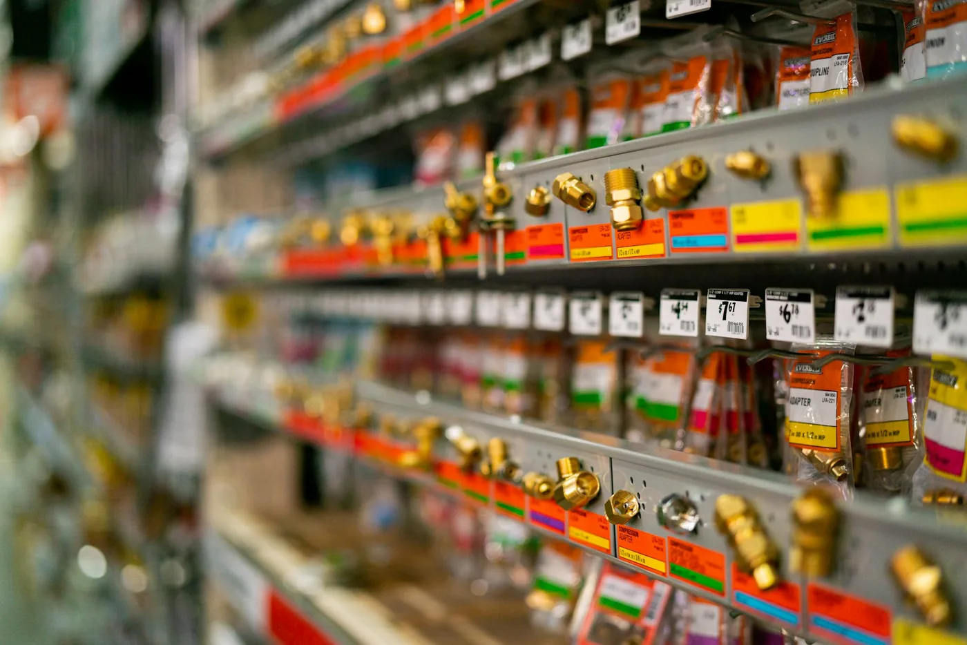 Shelves of boxed vehicle parts in a shop
