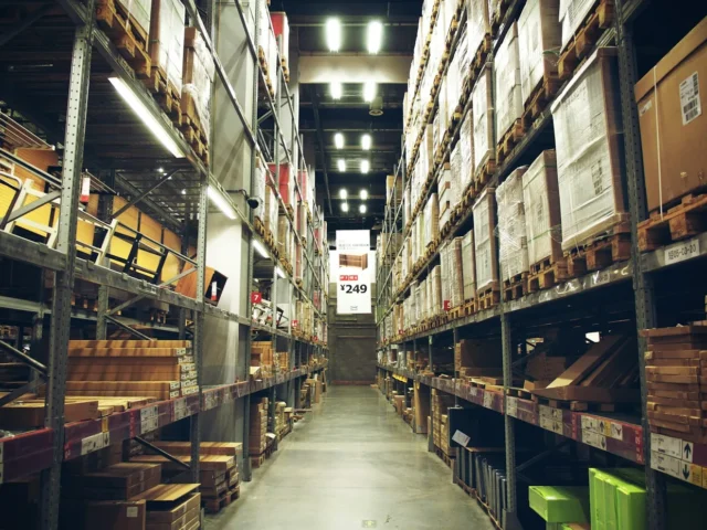 A warehouse aisle stacked with boxed goods