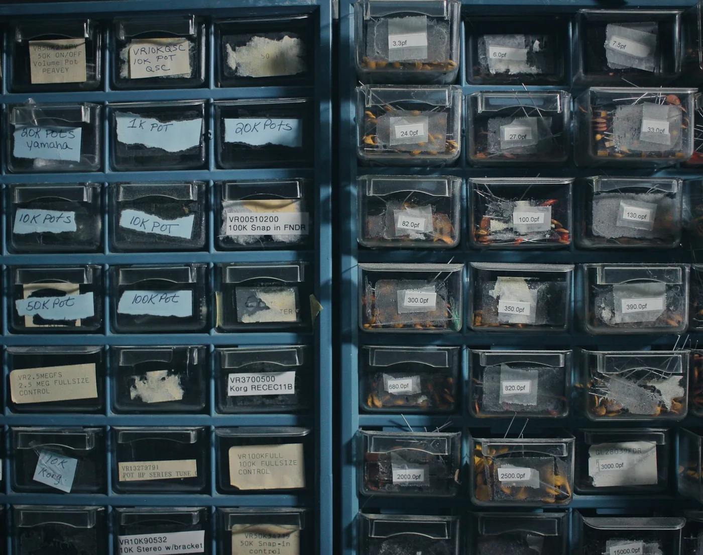 Labelled drawers of small parts