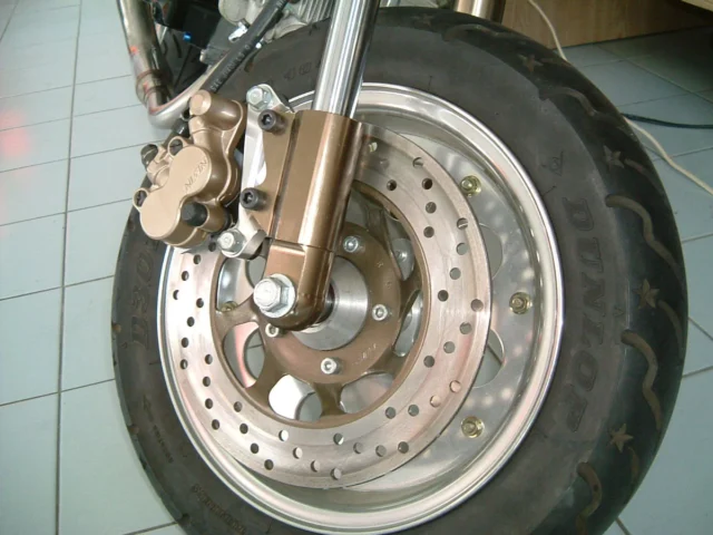A motorcycle front wheel with a drilled stainless brake disc, hub and caliper mounted to the fork leg.