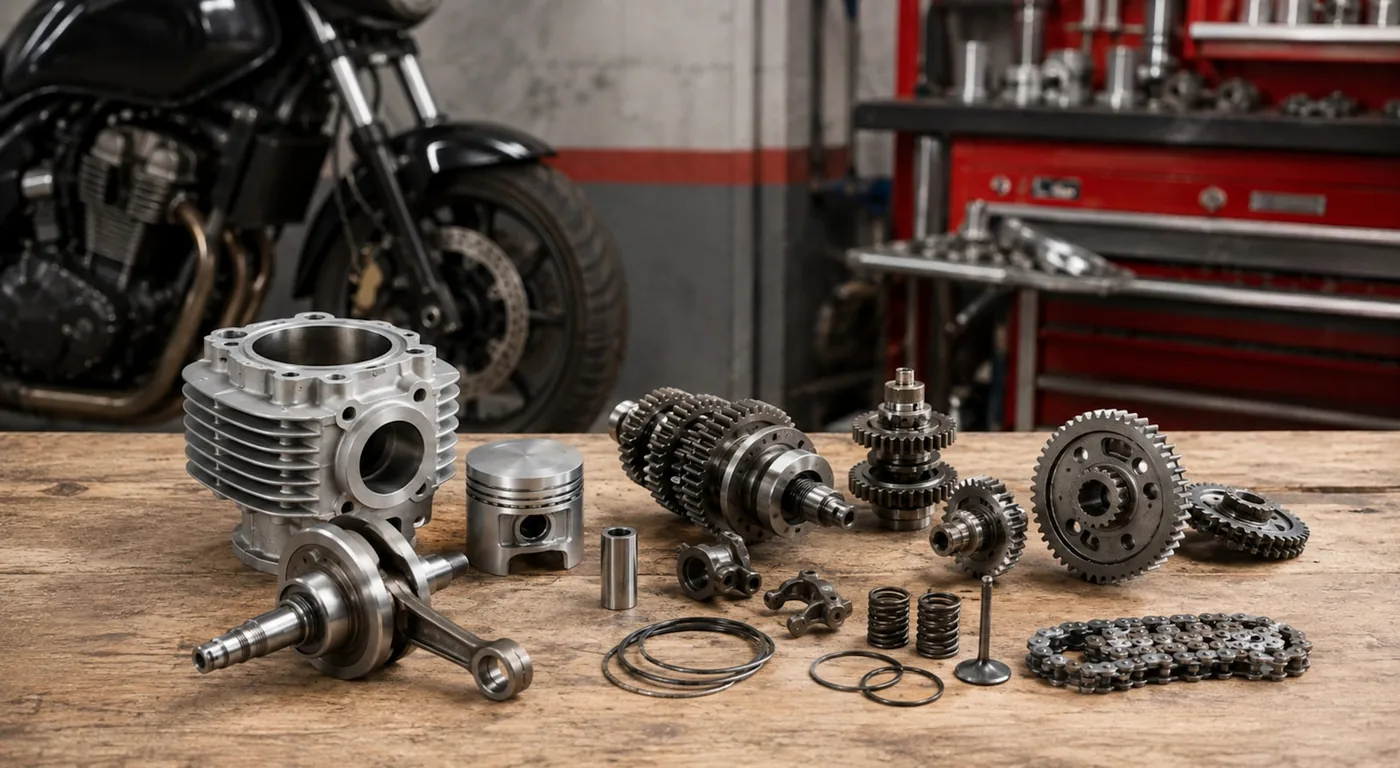 Engine internals laid out on a workbench