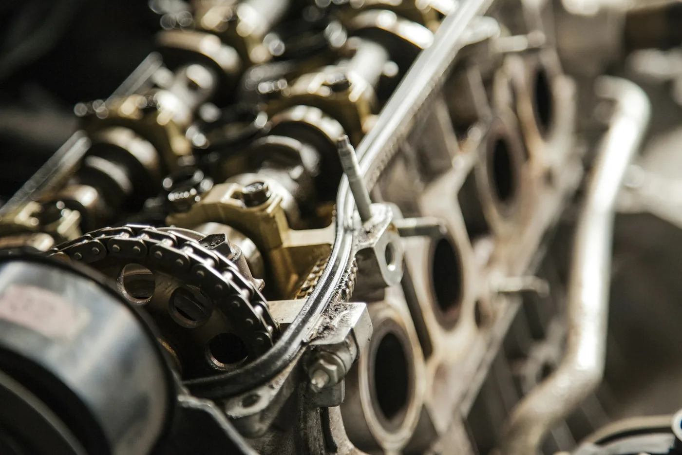 The top end of an engine with its camshaft and valve gear