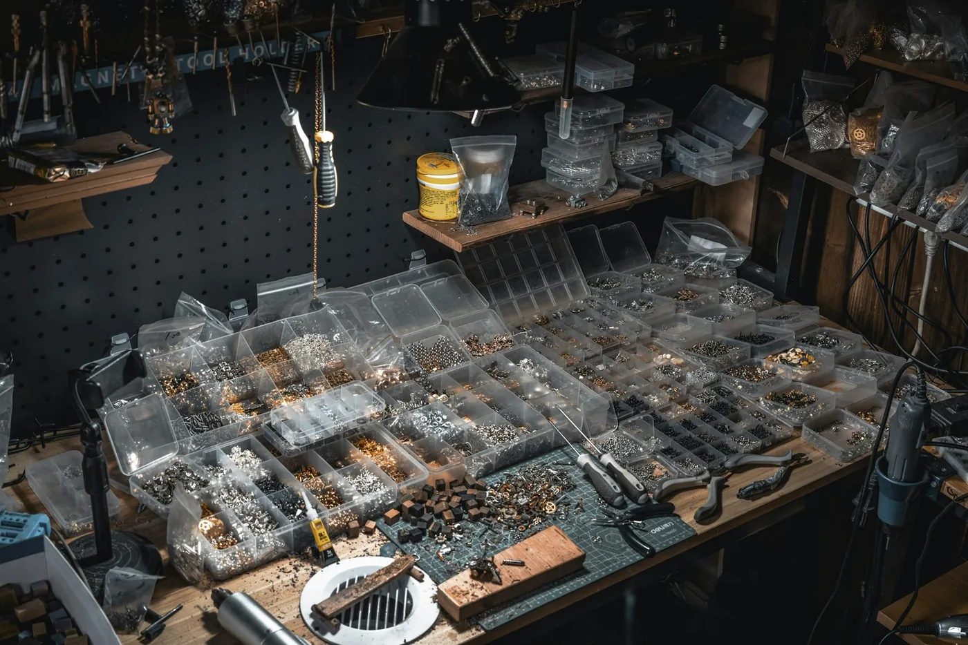 Motorcycle engine components laid out on a bench