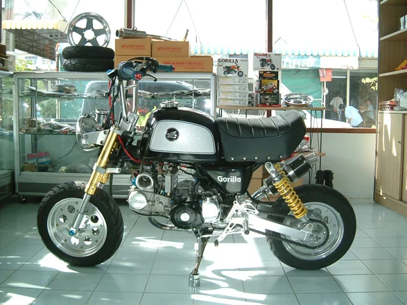 A Honda Gorilla with upside-down forks and yellow shocks standing in the Faddybike shop, with glass display cases, wheels and stock shelving behind it.
