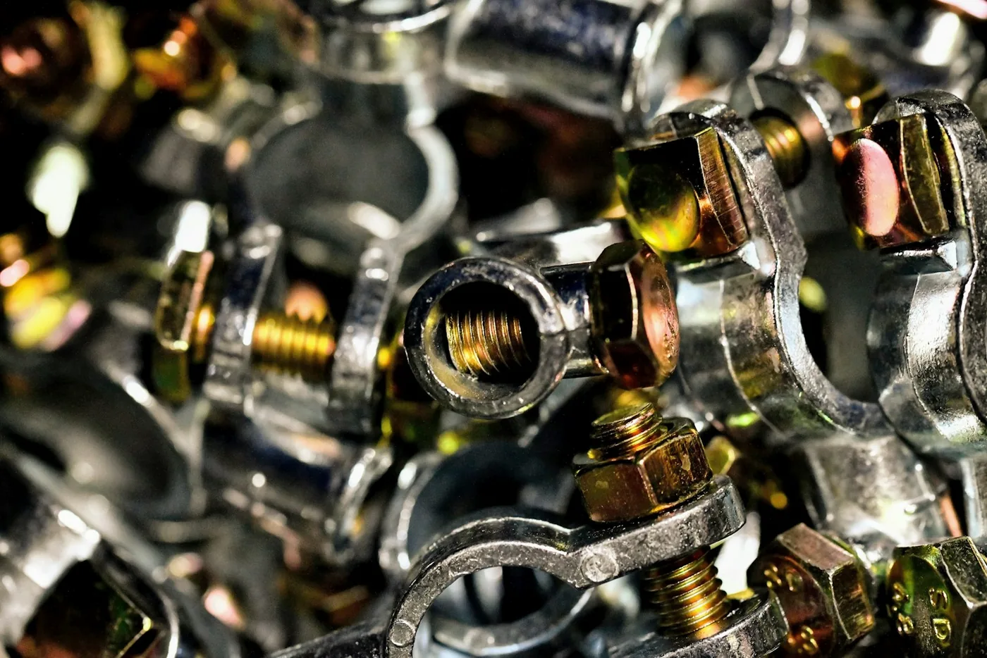 Threaded bolts and fasteners seen close up