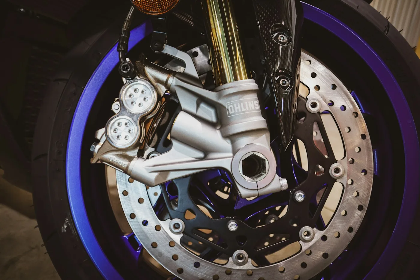 Close-up of a motorcycle's front brake system