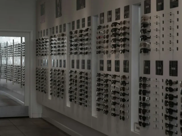 Wall display of sunglasses in an optical shop