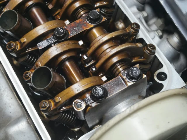 Oiled rocker arms and valve springs inside an engine