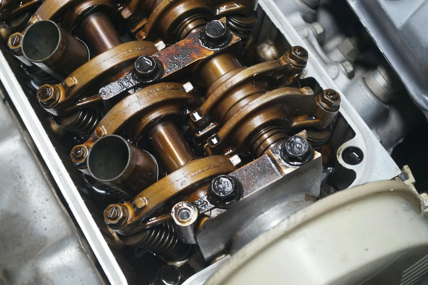 Oiled rocker arms and valve springs inside an engine
