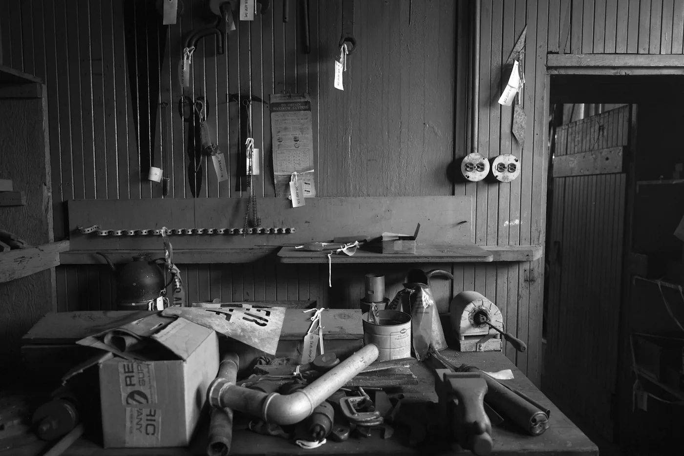 A workshop bench photographed in black and white