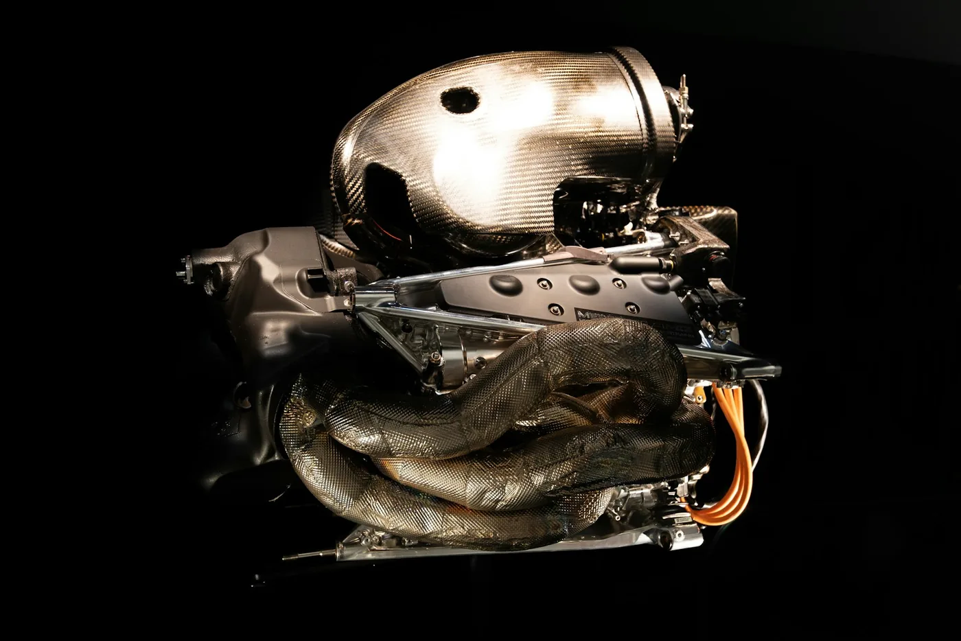An engine casing against a black background