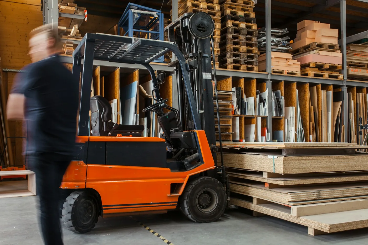 A forklift truck in a warehouse