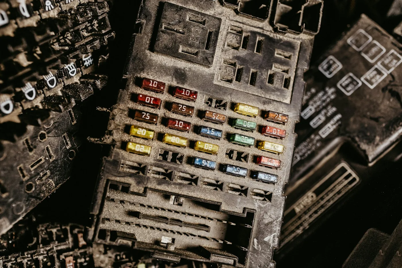 Colour-coded fuses seated in a vehicle fuse box