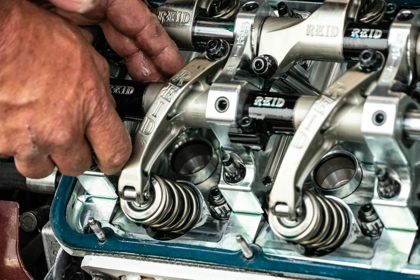 The top of an engine with its valve gear exposed