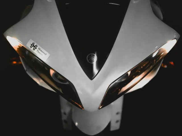 The front fairing nose of a sportbike