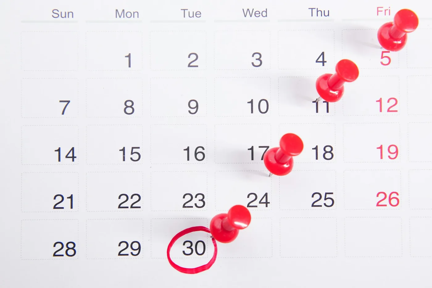 A wall calendar with dates marked