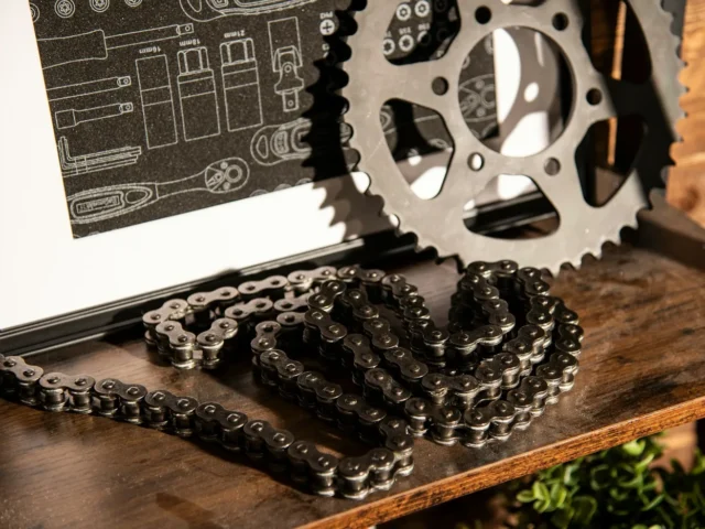 A drive chain and sprocket on a table