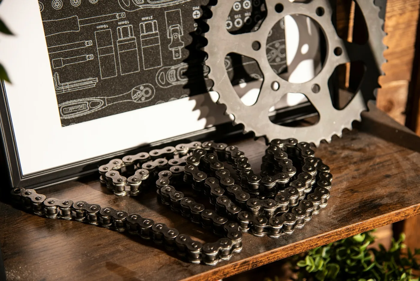 A drive chain and sprocket on a table