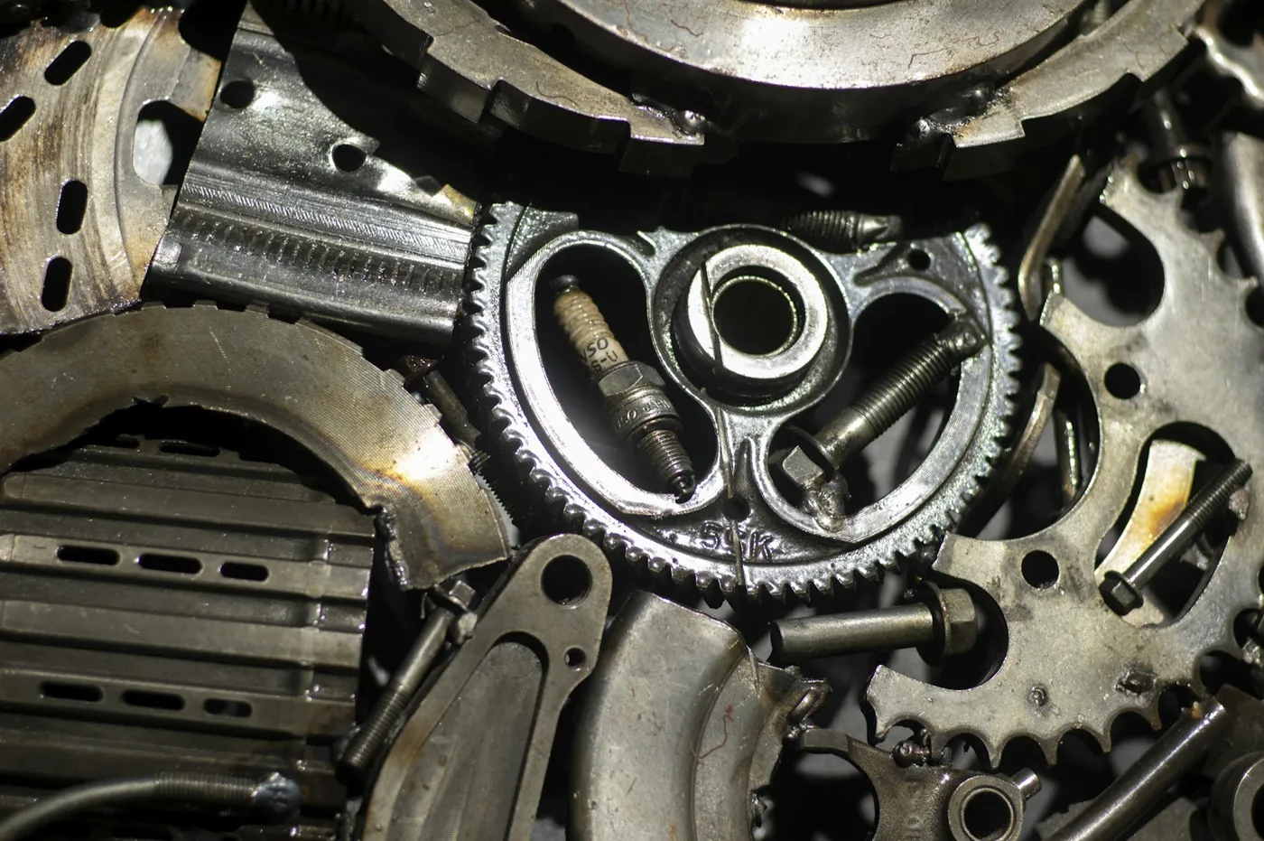 Gears and a chain inside an engine