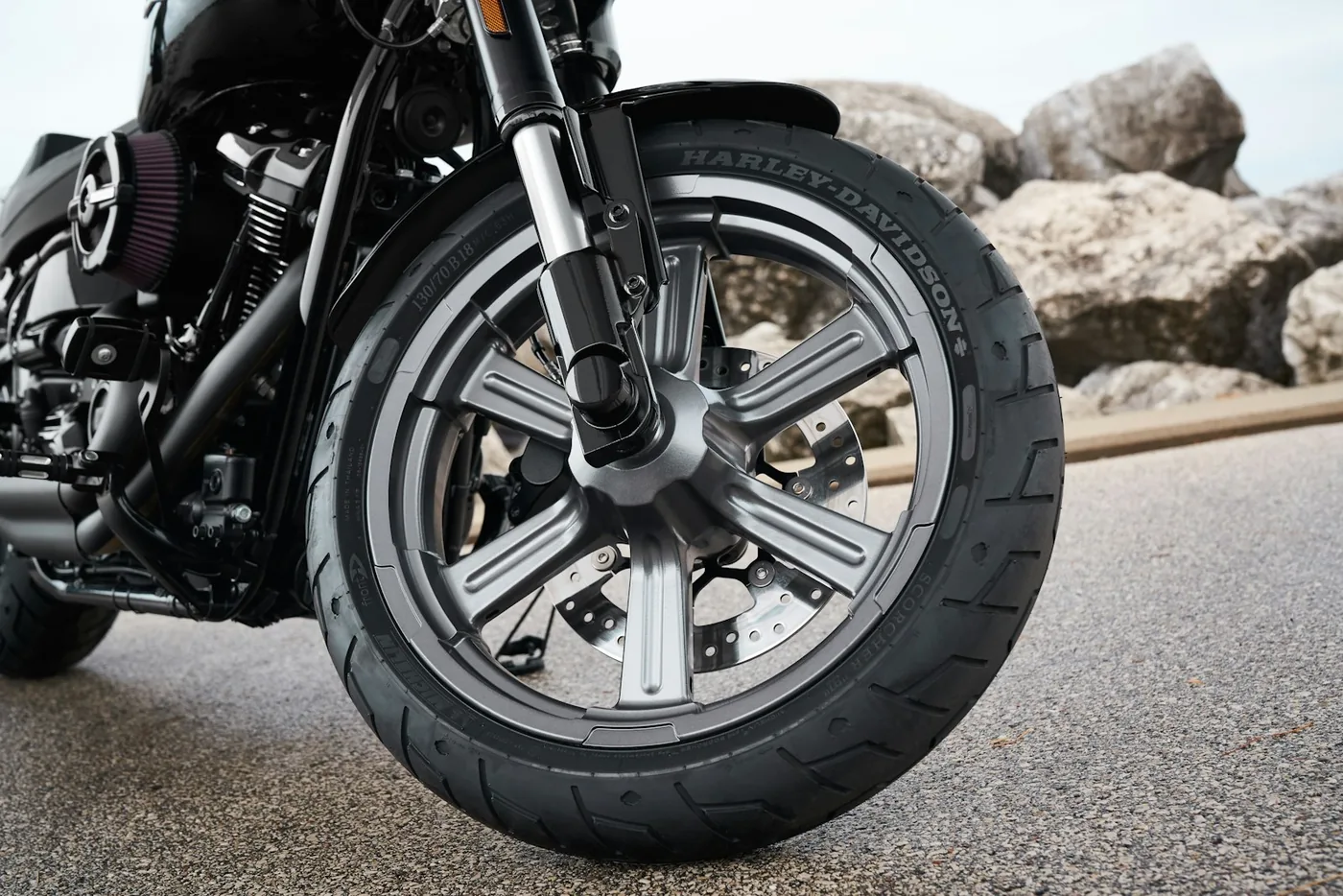 A motorcycle front wheel in close-up