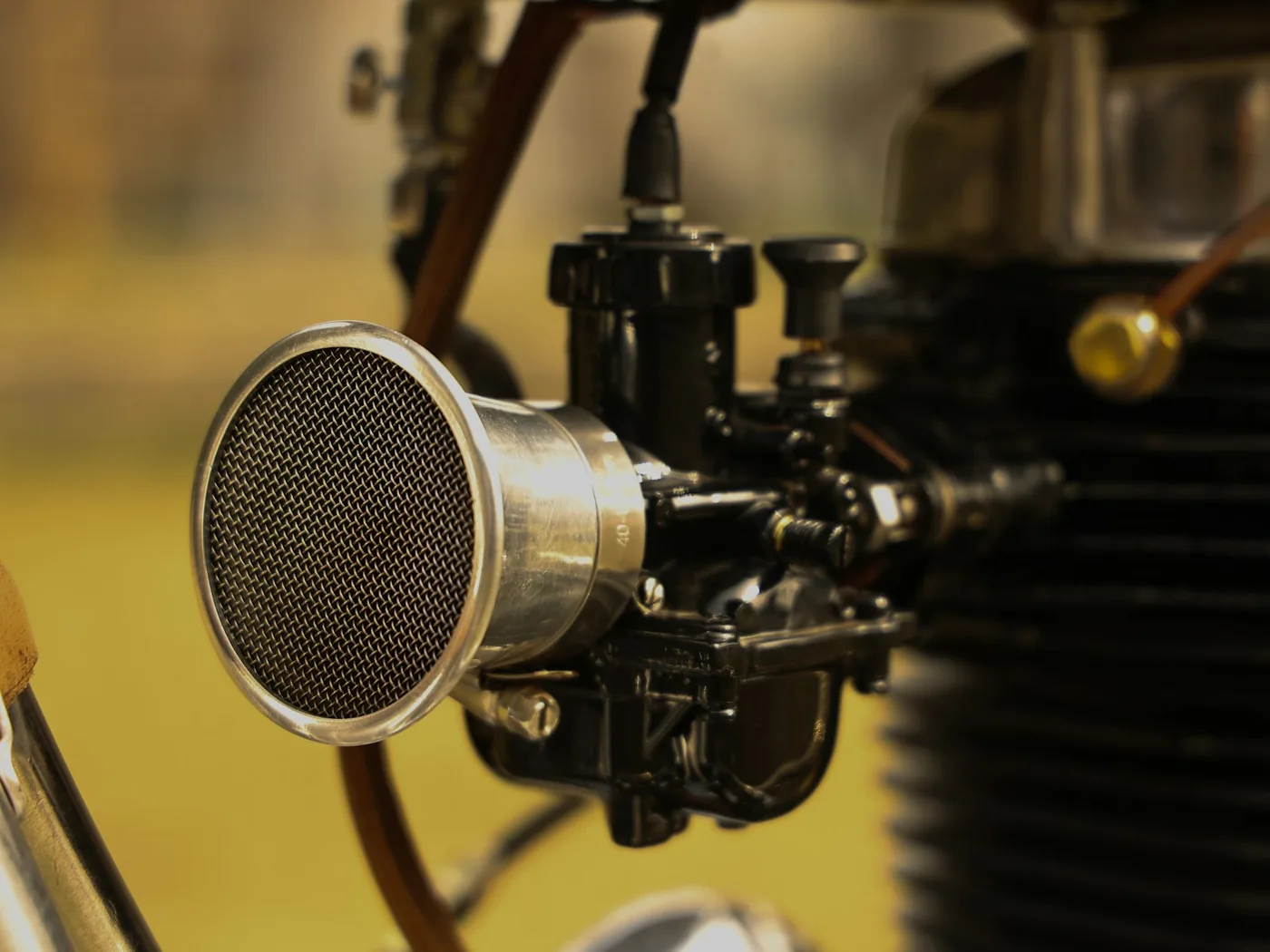 A carburettor with a small air filter fitted