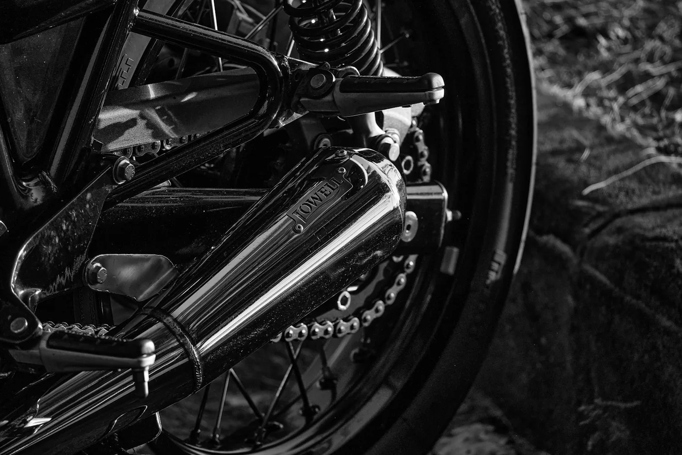 An exhaust system in black and white